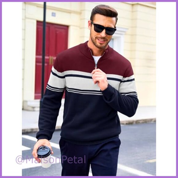 Men's 1/4 Zip Cotton Sweater Pullover Striped Long Sleeve - Picture 2 of 7